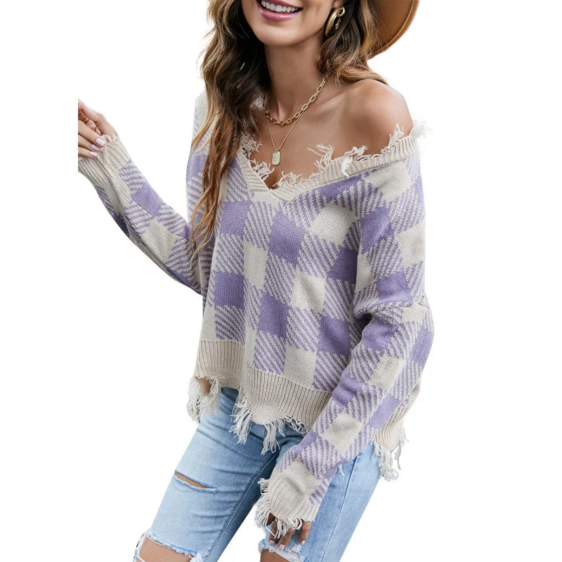 Hot 2022 Sexy Off-The-Shoulder V-Neck Knitted Top Ripped Plaid Loose Sweater