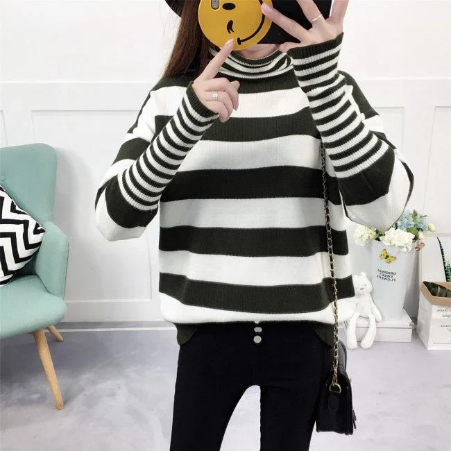 Hot Sale Pink Lady High Neck Batwing Sleeve Stripe Knitted Women Sweater