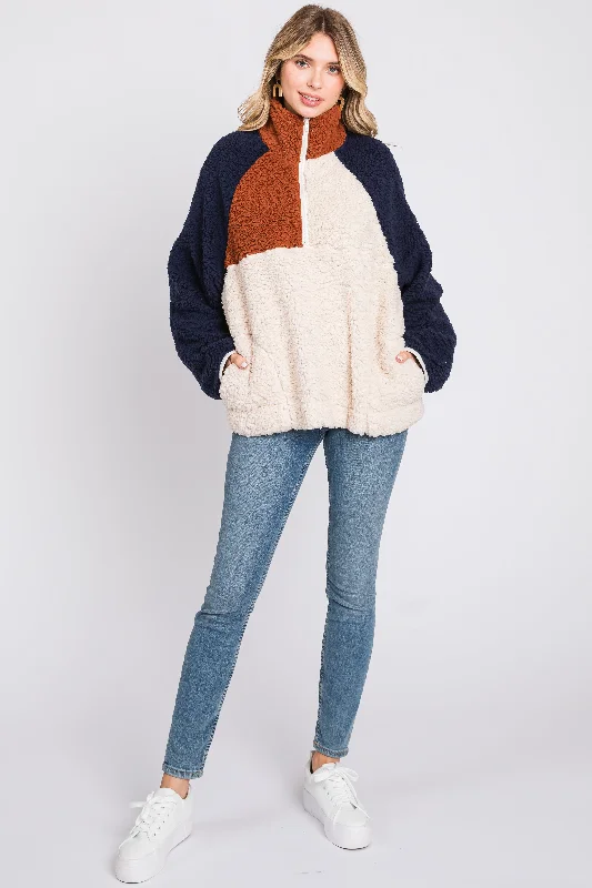 Ivory Colorblock Oversized Fleece Pullover Top