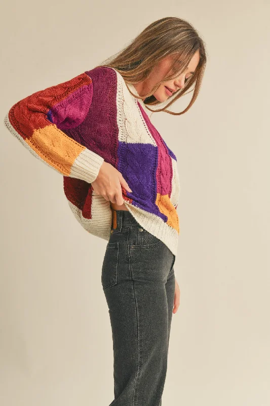 Ivory Fuchsia Multi Color Block Cable Knit Sweater