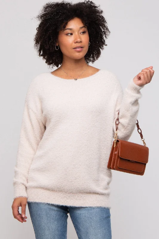 Ivory Fuzzy Knit Boat Neck Sweater