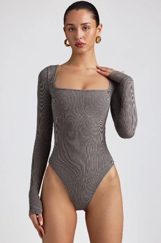 Ribbed Modal Long Sleeve Bodysuit in Grey