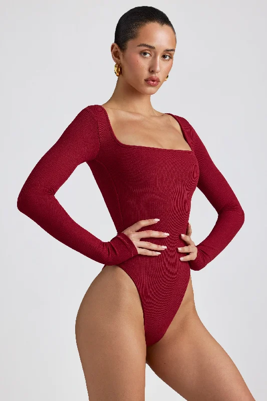 Ribbed Modal Long Sleeve Bodysuit in Maroon