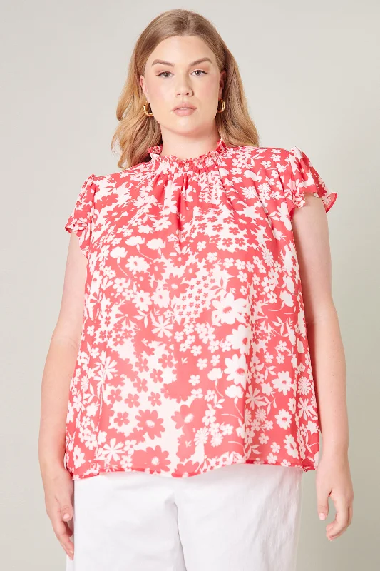 Kennedy Coral Floral Sun Up Mock Neck Blouse Curve