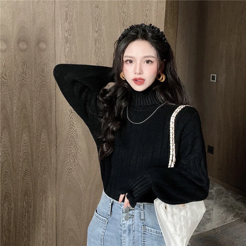 knitted top turtleneck pullover women's autumn and winter loose bf idle style design sense niche