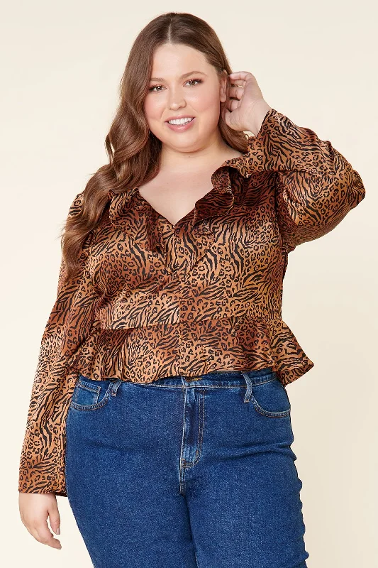 Leonna Animal Print Ruffle Peplum Blouse Curve