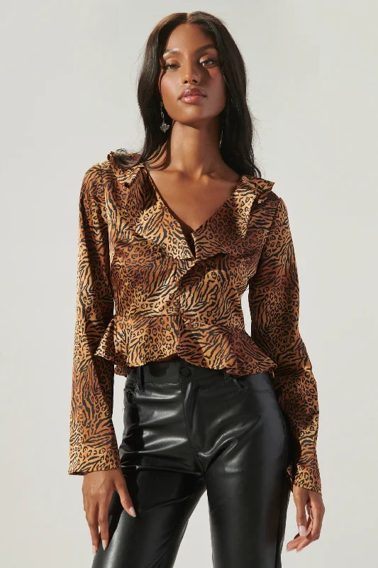 Leonna Animal Print Ruffle Peplum Blouse