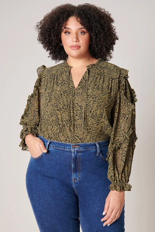 Leonna Olive Leopard Raj Ruffle Balloon Sleeve Blouse Curve