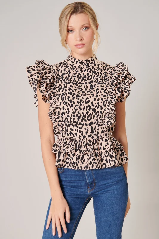 Leopard Aubrie Mock Neck Ruffle Peplum Blouse