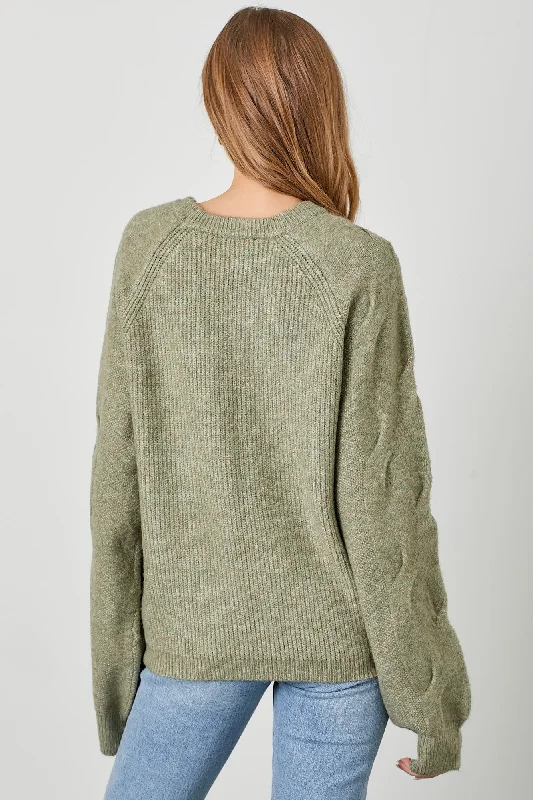 Light Olive Speckled Knit Contrast Sleeve Sweater