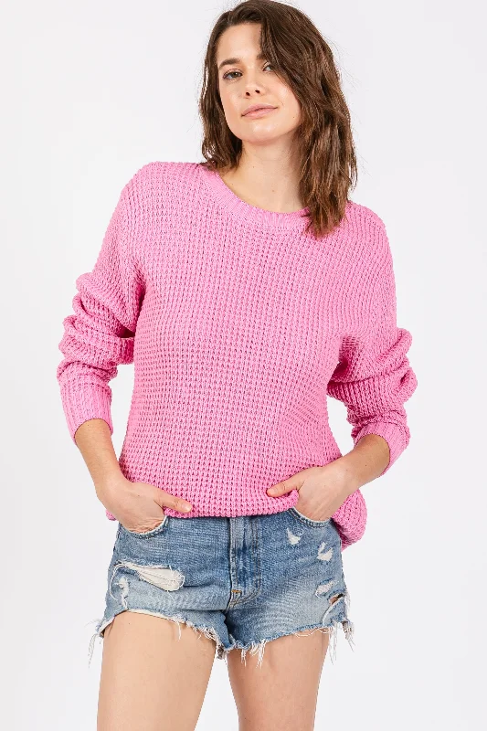 Light Pink Waffle Knit Round Hem Sweater