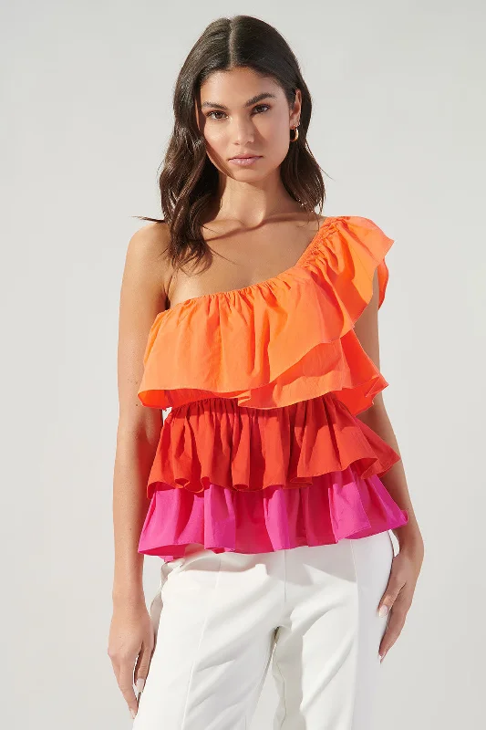 Luciana Colorblock One Shoulder Ruffle Blouse