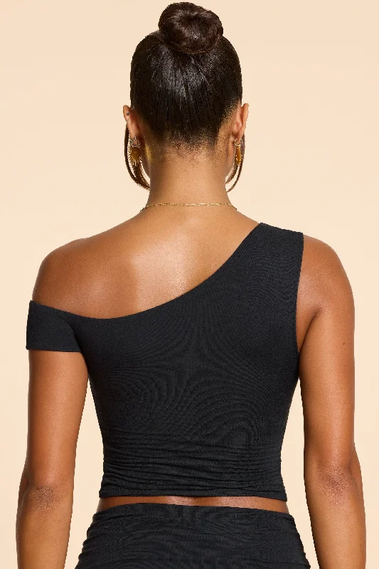 Asymmetric Neck Ruched Modal Cashmere Blend Top in Black