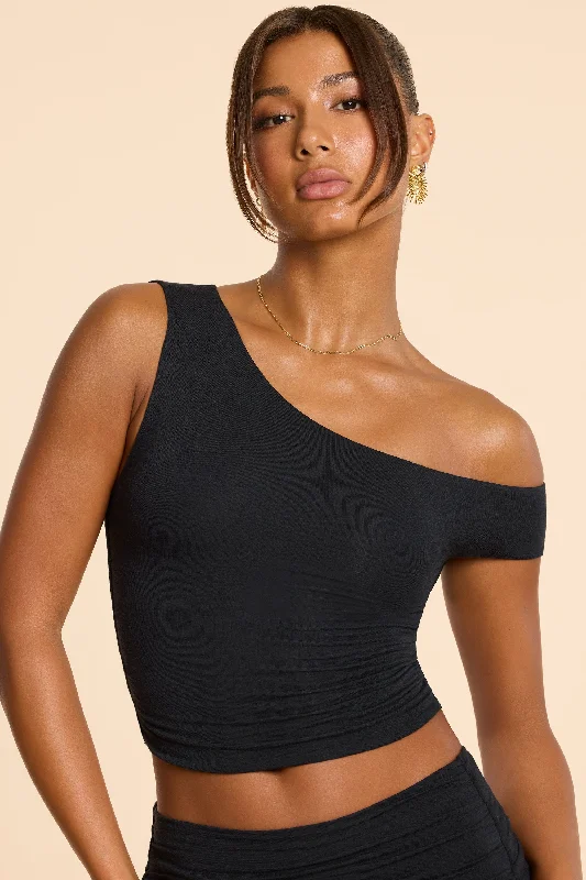 Asymmetric Neck Ruched Modal Cashmere Blend Top in Black