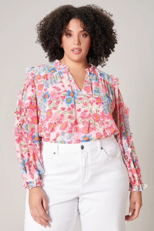 Macaron Floral Raj Ruffle Balloon Sleeve Blouse Curve