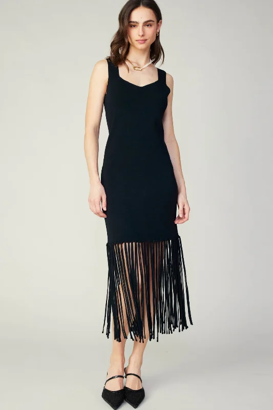 Madison Sweetheart Neck Sweater Midi Dress with Fringe