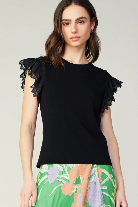 Madison Woven Short Sleeve Sweater with Lace Detail