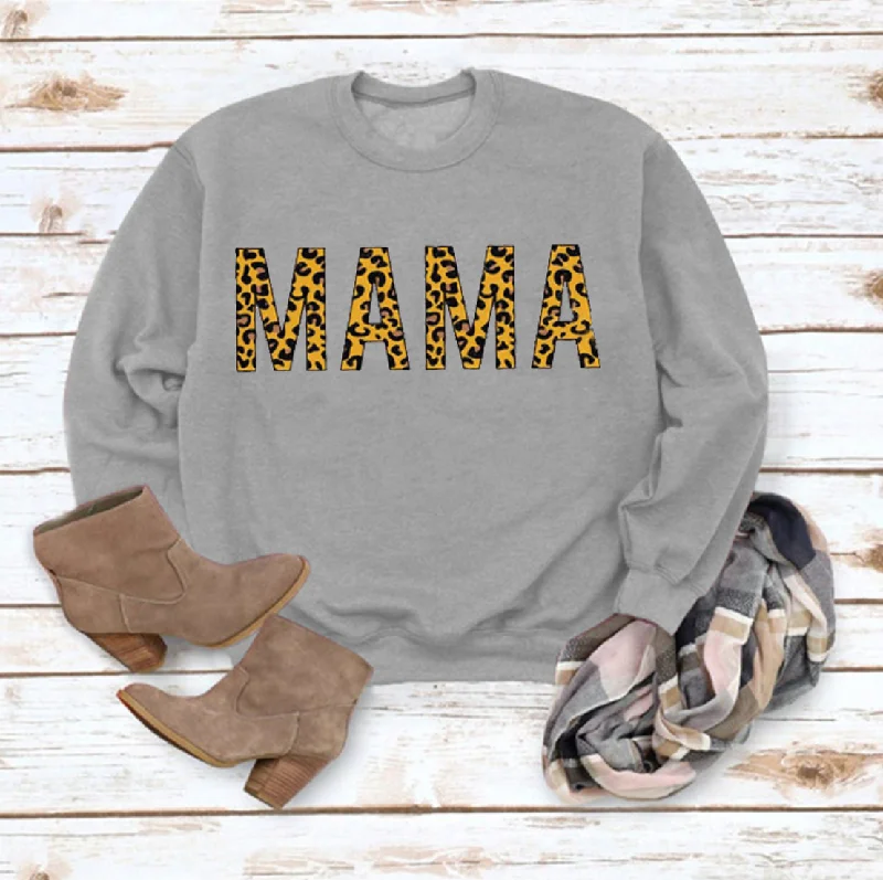 Mama Sweatshirt Women Cute Leopard Funny Letter Print Mom Blouse Tops Casual Long Sleeve Vacation Shirts Tops