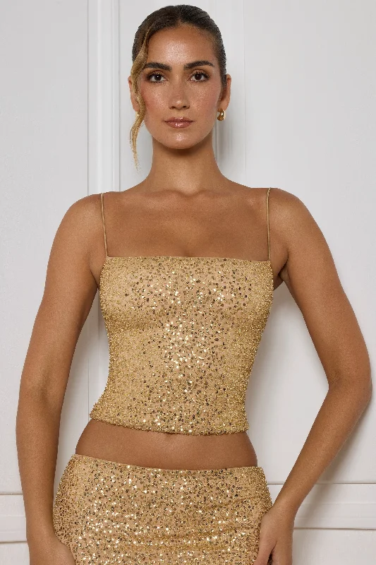 Embellished Square-Neck Top in Gold