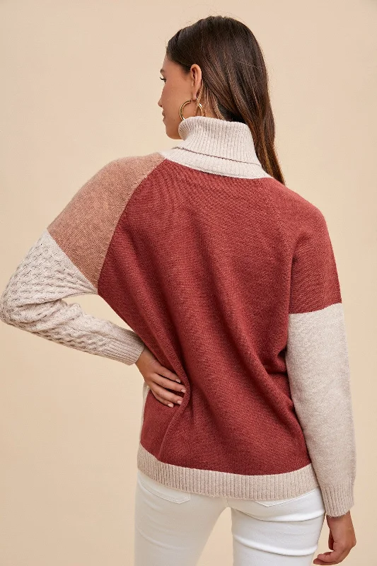 Mocha Combo Turtleneck Multi Pattern Mixed Sweater Top