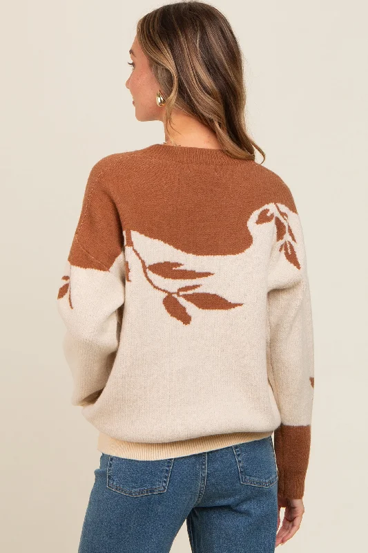 Mocha Leaf Print Colorblock Sweater