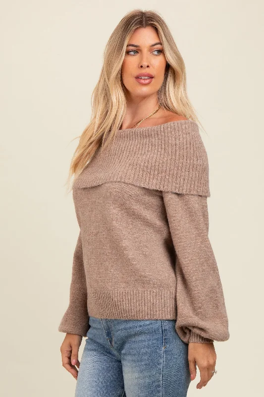 Mocha Off Shoulder Foldover Sweater