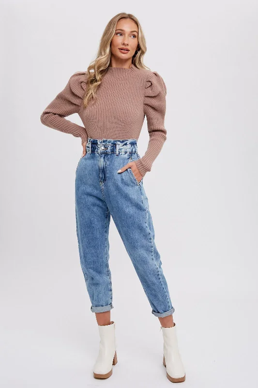 Mocha Puff Sleeves Mock Neck Pullover