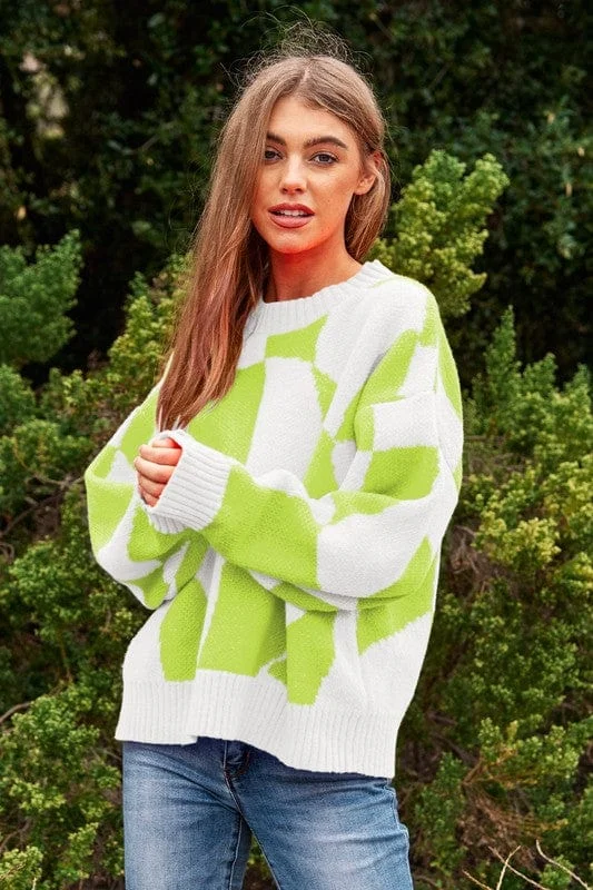 Multi Geo Checker Pullover Knit Sweater Top *Online Only*