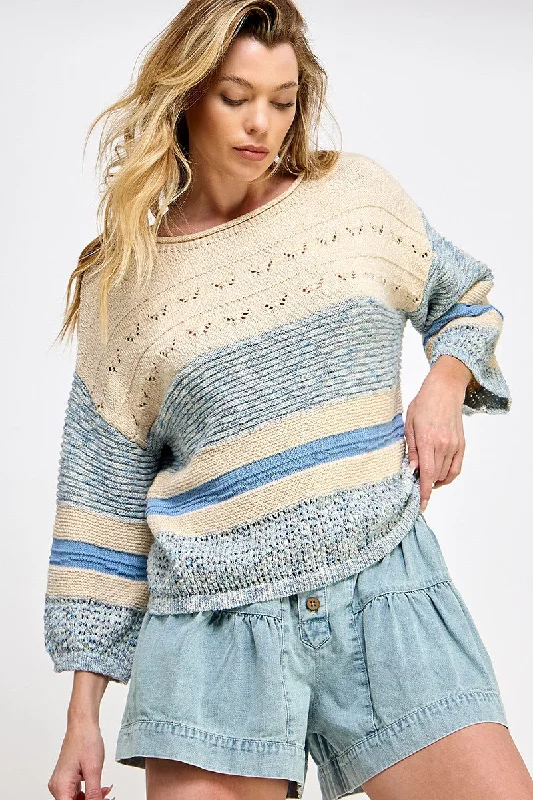 Natural Blue Open-Stitch Sweater Top