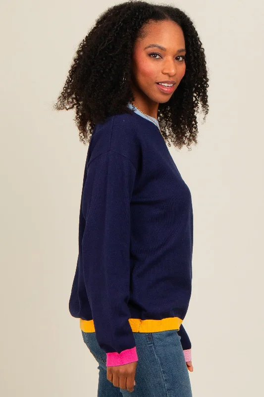 Navy Blue Colorblock Trim Sweater