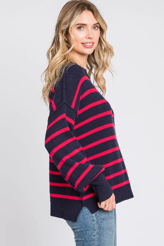 Navy Striped Long Sleeve Knit Sweater