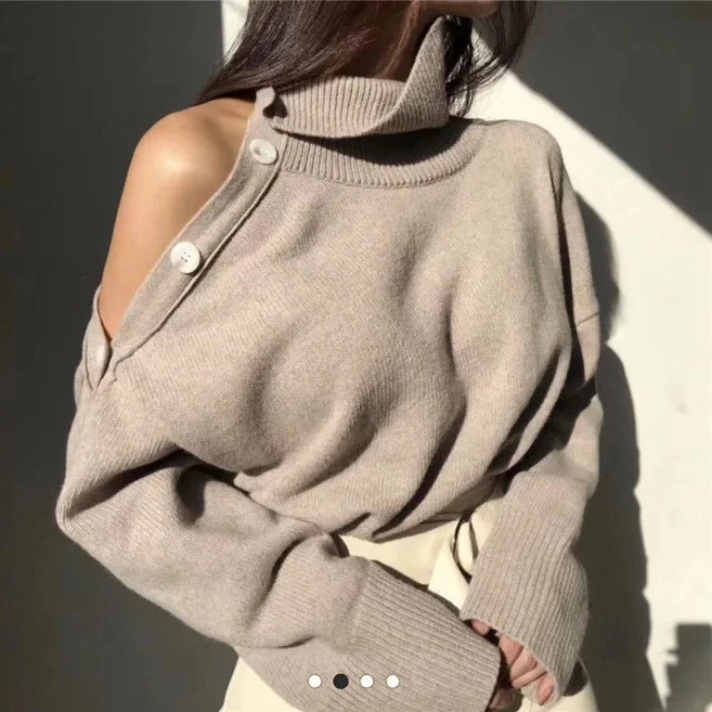 New 2022 Spring Elegant Women Sweaters Sexy Strapless Turtleneck Loose Knitted Pullovers Female Casual Solid Tops Outwear