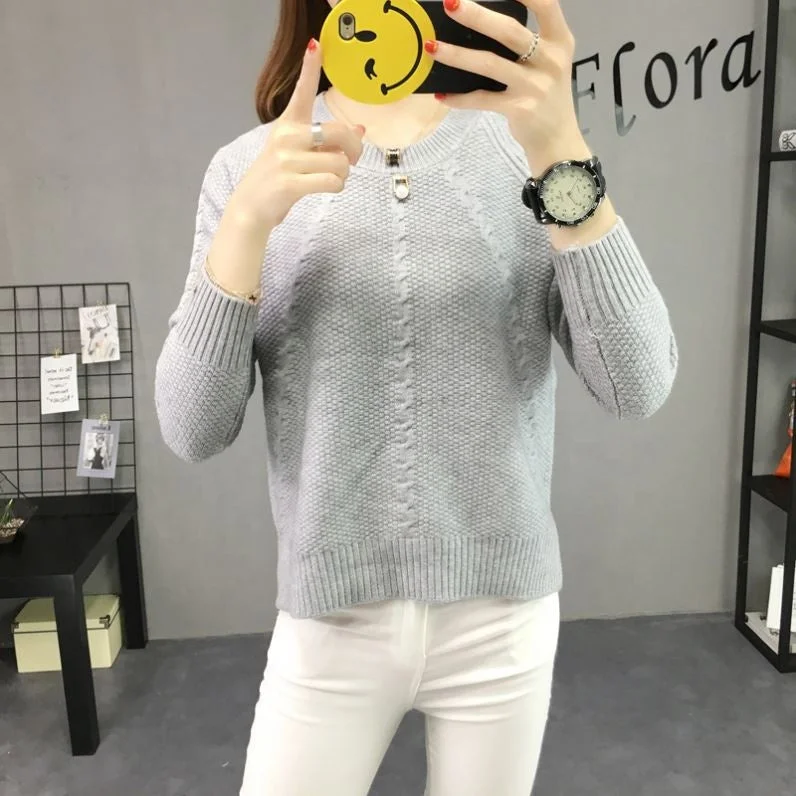 New Arrival Cheap Crew Neck Long Sleeve Cable Knitted Plus Size Loose Woman Sweater