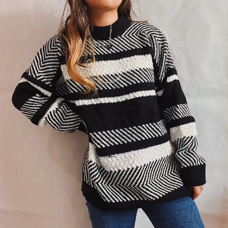 New Irregular Striped Color Stitching Thickened Round Neck Long Sleeve Knitted Sweater Pullover