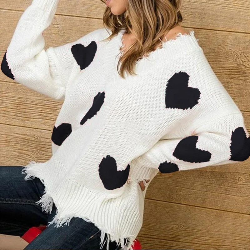 New Valentine's Day Sweater Women's Loose Pullover Heart-Shaped Multi-Part V-Neck