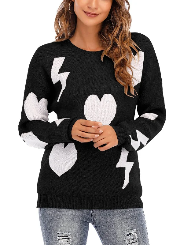 New Valentine's Day Sweater Women's Loose Pullover Long Sleeve Love + Lightning Round Neck