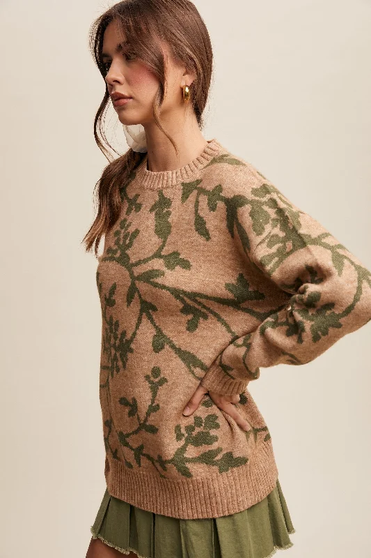 Olive Floral Drop Shoulder Sweater