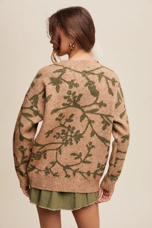 Olive Floral Drop Shoulder Sweater