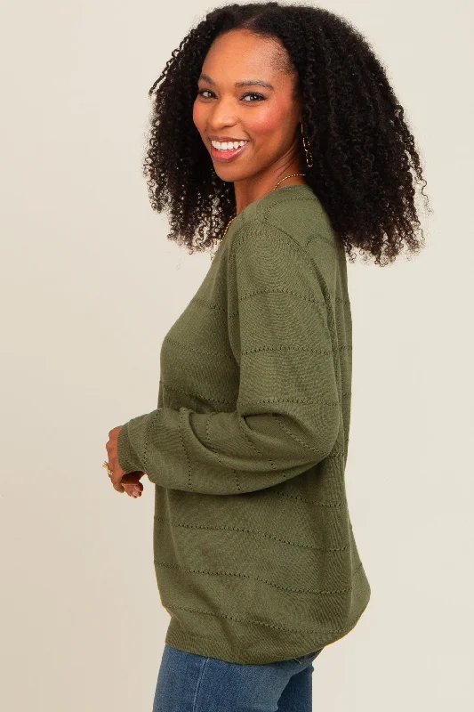 Olive Knit Stitch Detail Long Sleeve Sweater Top