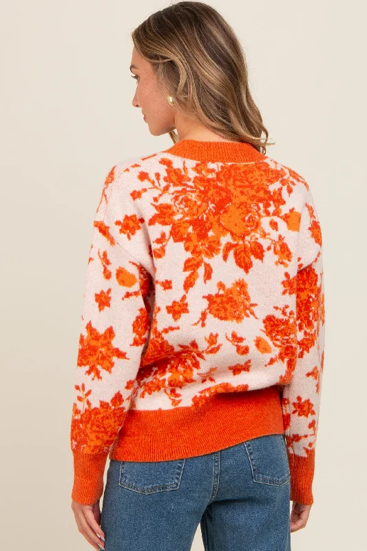 Orange Floral Crew Neck Sweater