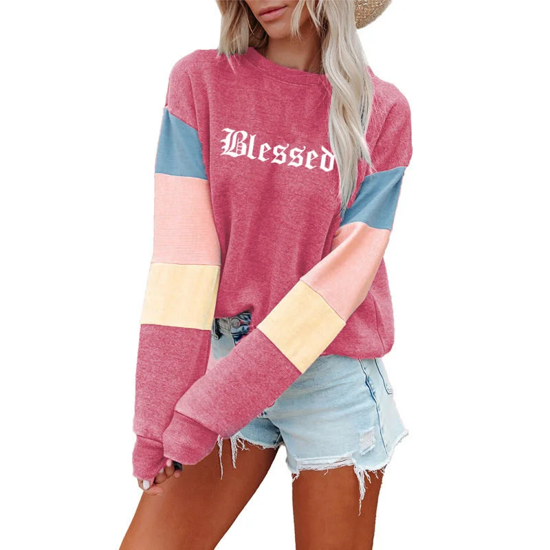 Patchwork Fashion Women Sweatshirt Casual Long Sleeve Pullover blessed Print Crewneck Women logo hoodie  Sweatshirt