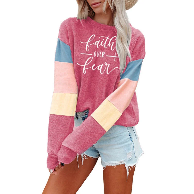 Patchwork Fashion Women Sweatshirt Casual Long Sleeve Pullover Faith Print Crewneck Women logo hoodie  Sweatshirt