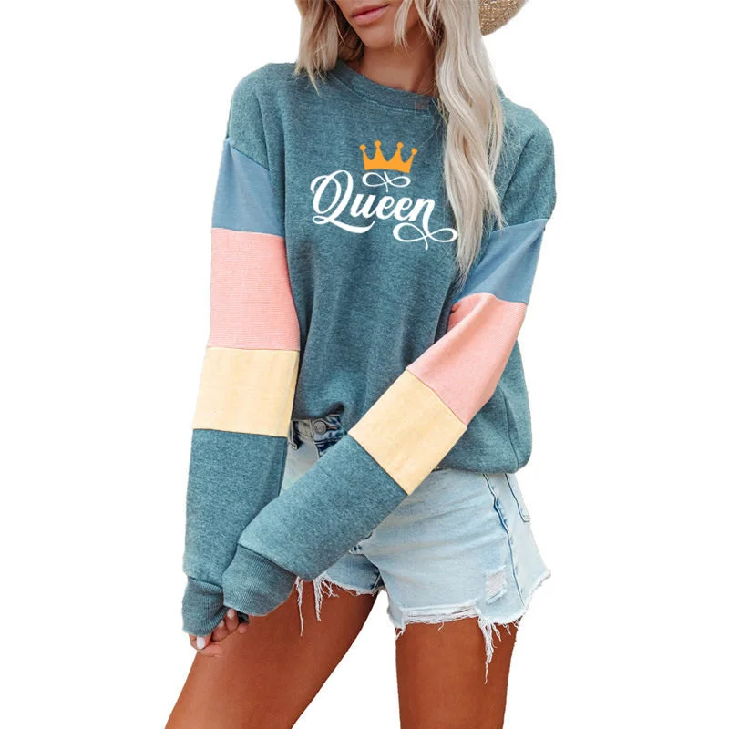 Patchwork Fashion Women Sweatshirt Casual Long Sleeve Pullover Queen Print Crewneck Women logo hoodie  Sweatshirt