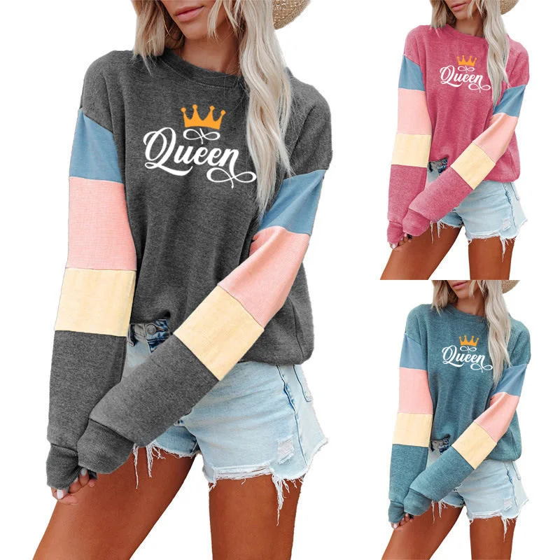 Patchwork Fashion Women Sweatshirt Casual Long Sleeve Pullover Queen Print Crewneck Women logo hoodie  Sweatshirt