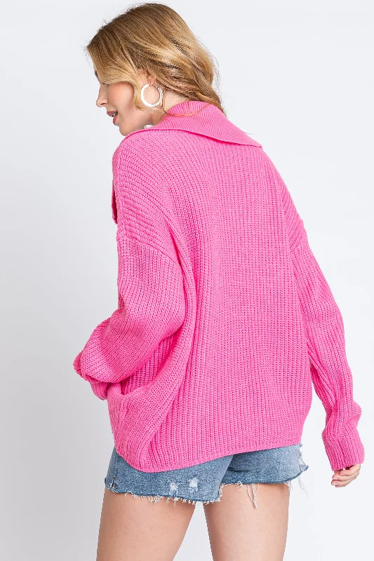 Pink Chunky Knit Front Button Sweater