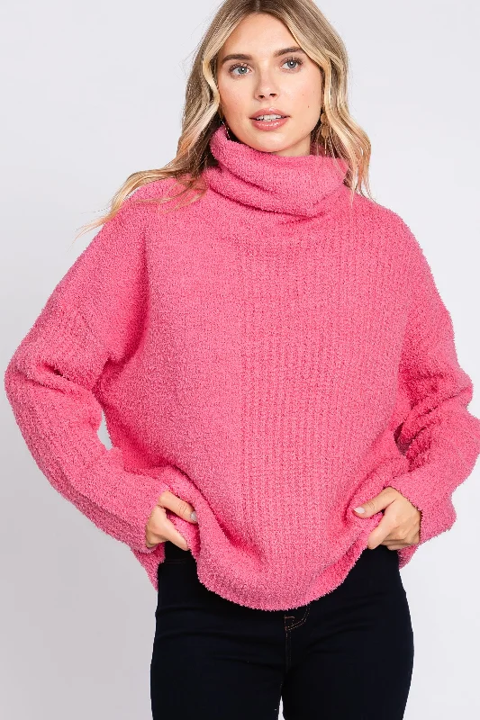 Pink Ribbed Boucle Knit Turtleneck Sweater