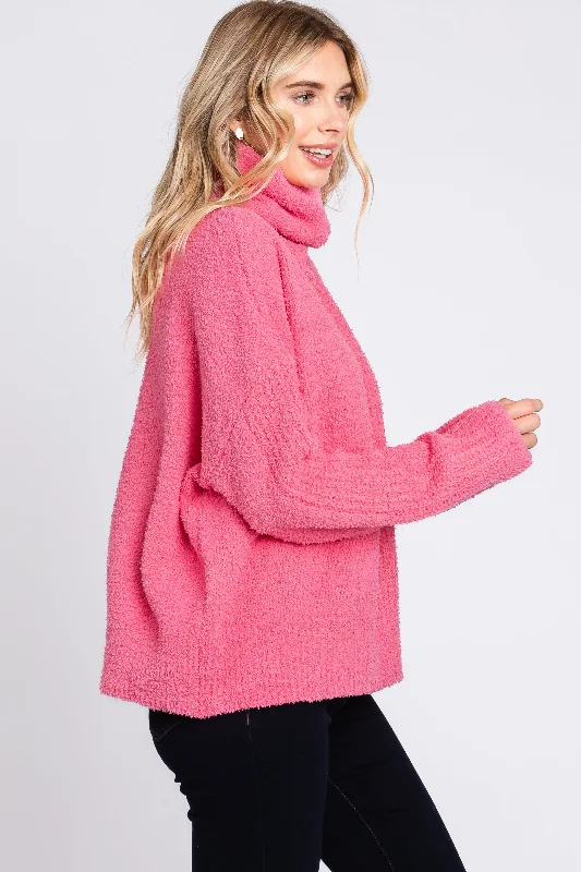 Pink Ribbed Boucle Knit Turtleneck Sweater