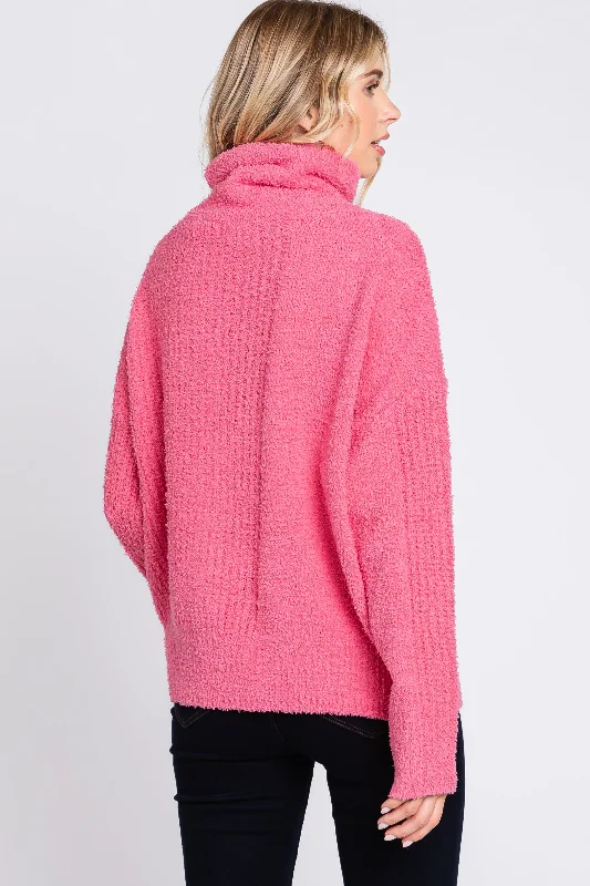 Pink Ribbed Boucle Knit Turtleneck Sweater