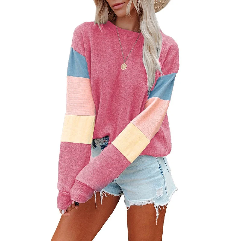 Pullover Sweater For Women New Round Neck Long Sleeve Contrast Color Fashion T-Shirt