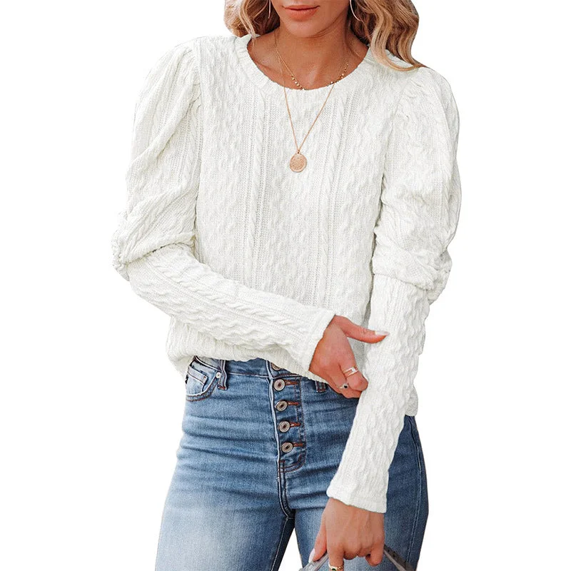 Pullover Women's European American New Solid Color Round Neck Gigot Sleeve Top Sweater Women